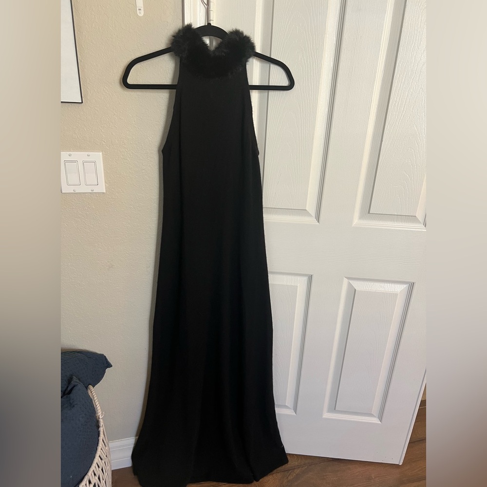 Ralph Lauren black, high neck sleeveless Halter Dress with faux fur collar sz 8